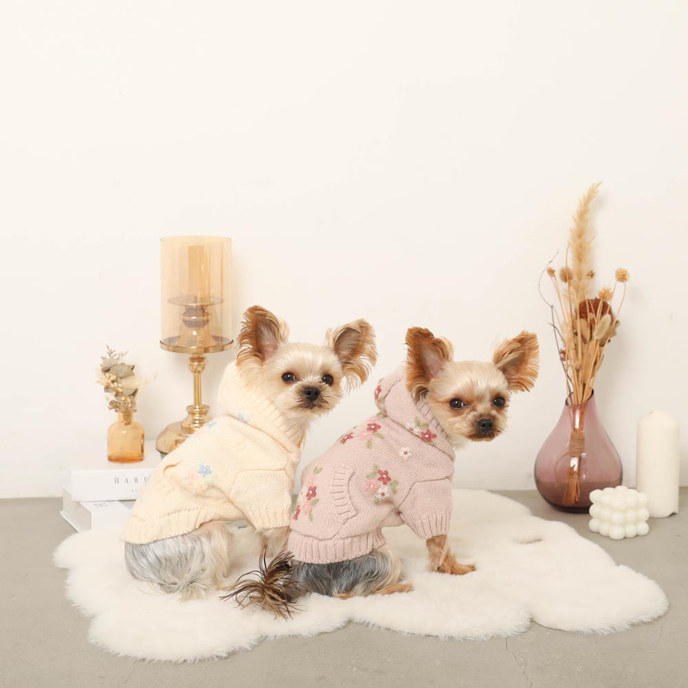 Flower handmade embroidery knit hoodie