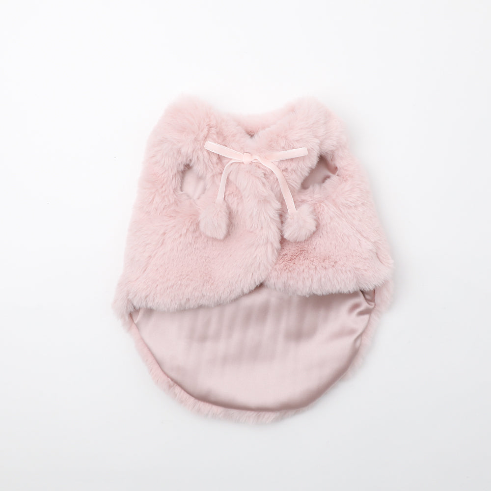 Fur vest with pompom ribbon