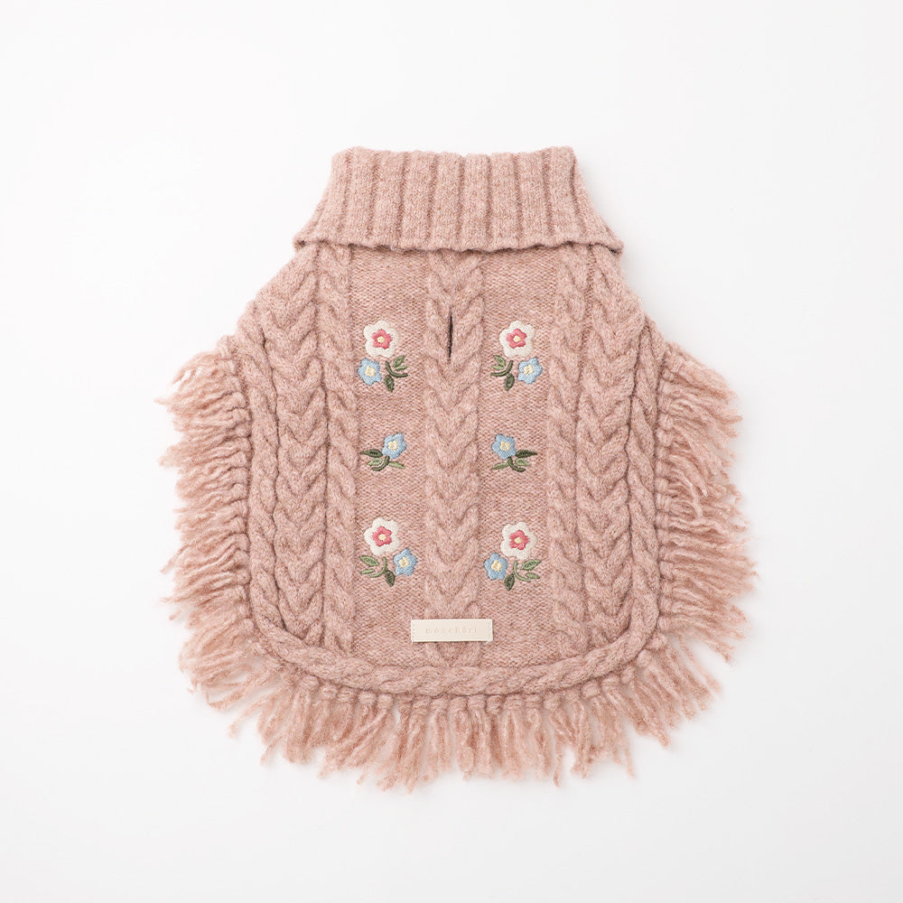フラワー刺繍ケーブルニットポンチョ