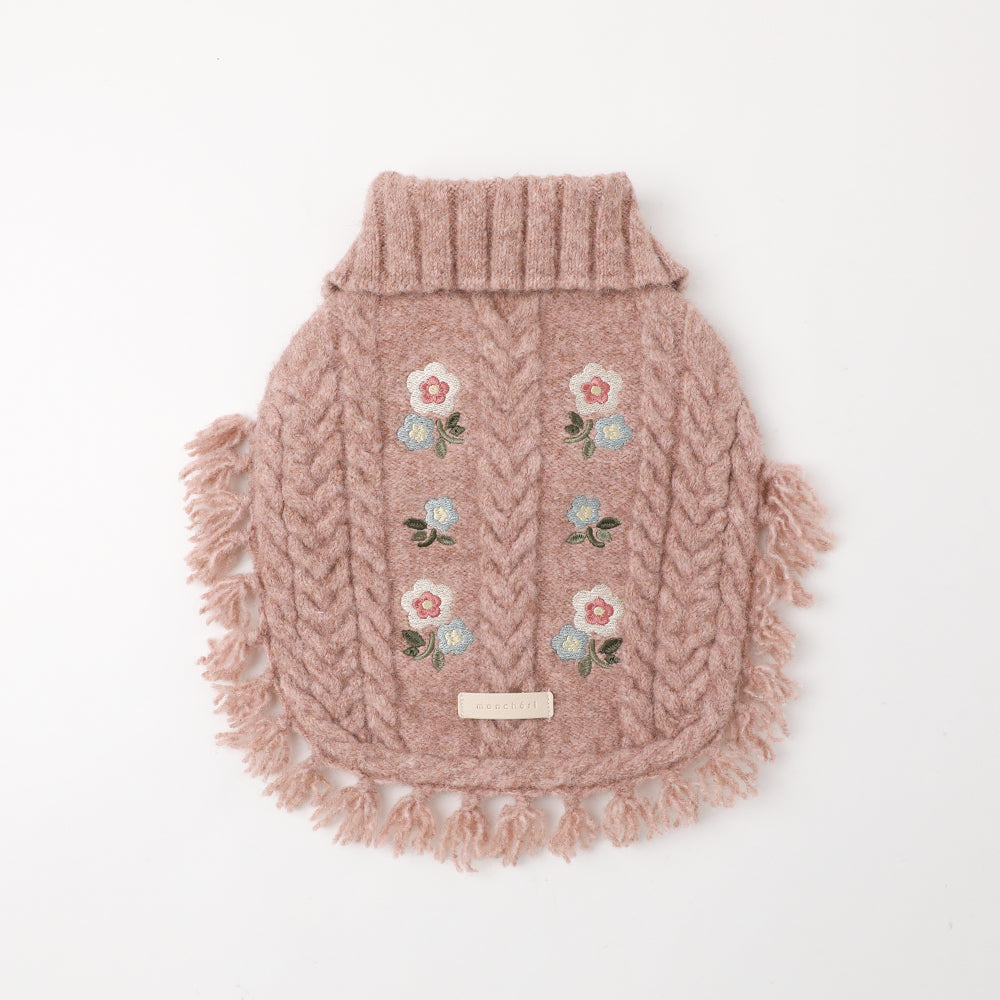 Flower embroidery cable knit poncho