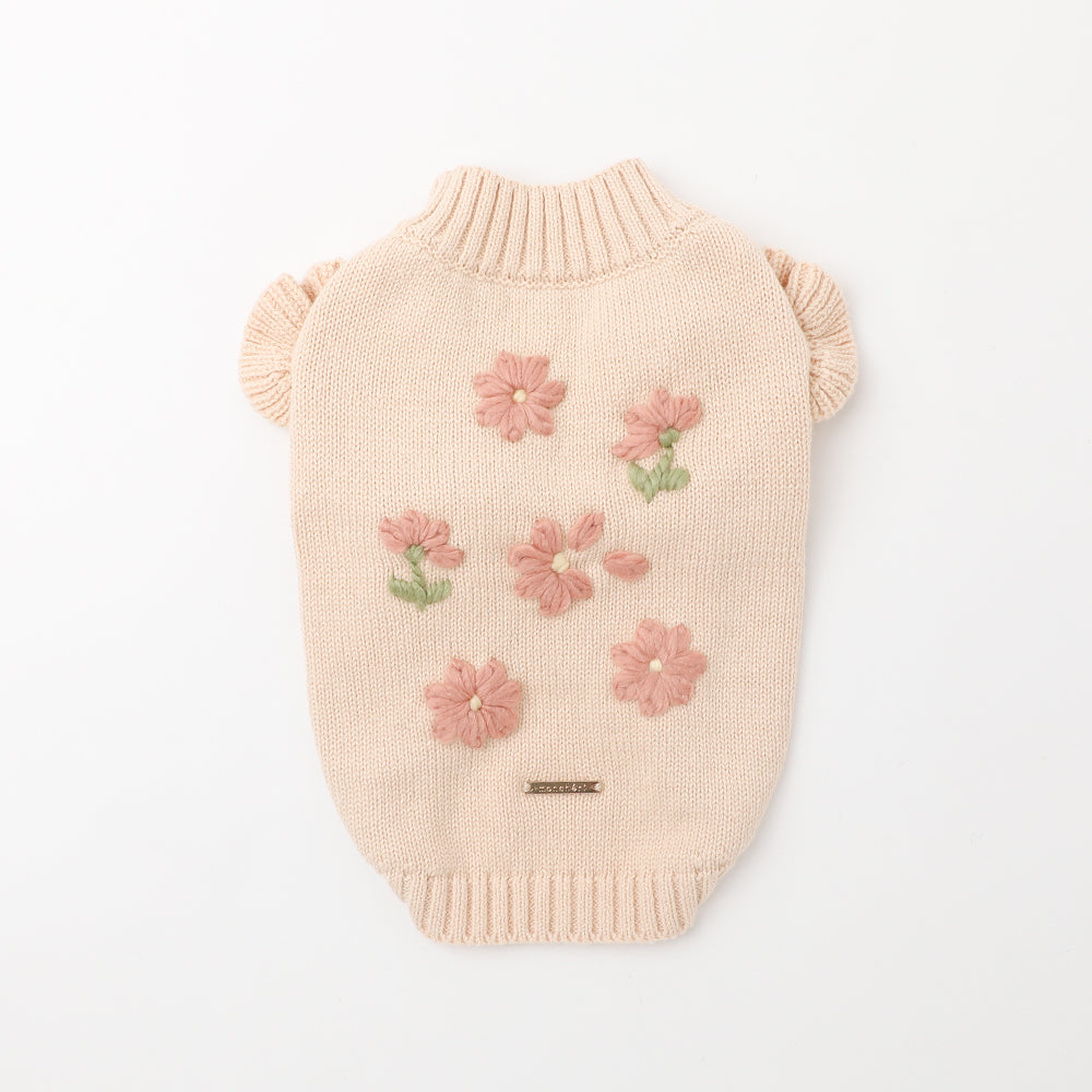 Floral embroidery shoulder ruffle knit tops