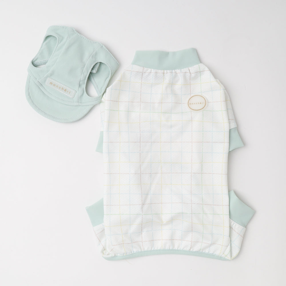 冷感防虫メッシュチェックロンパース+キャップSET
