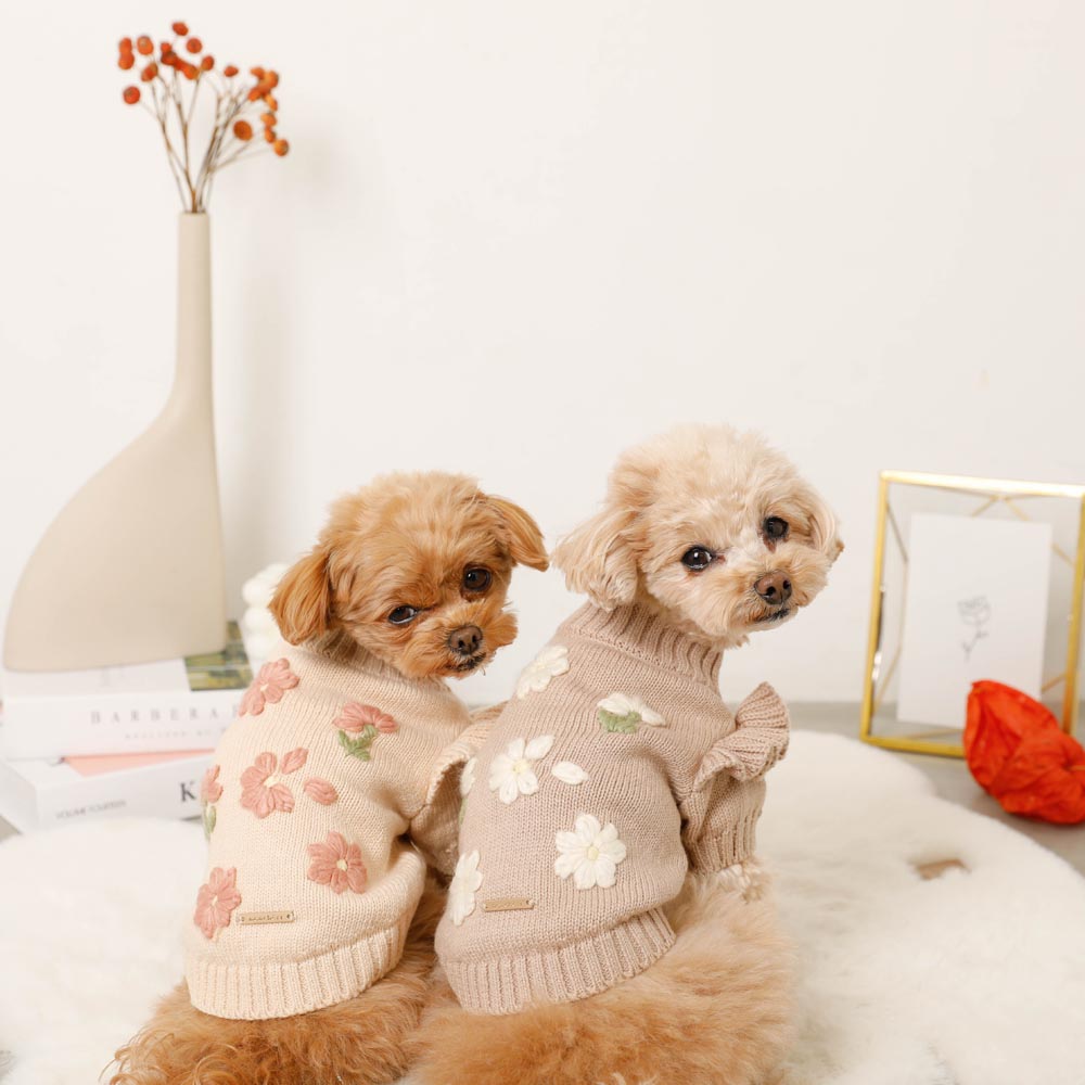 Floral embroidery shoulder ruffle knit tops