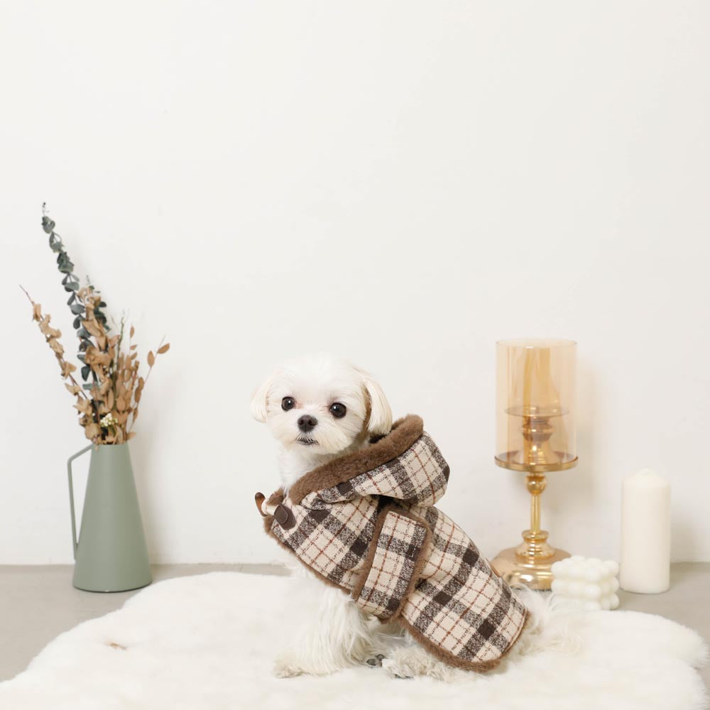 Fur combination check pattern wool-like cape