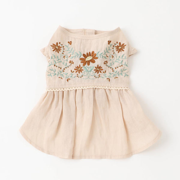 Cold flower embroidery linen dress