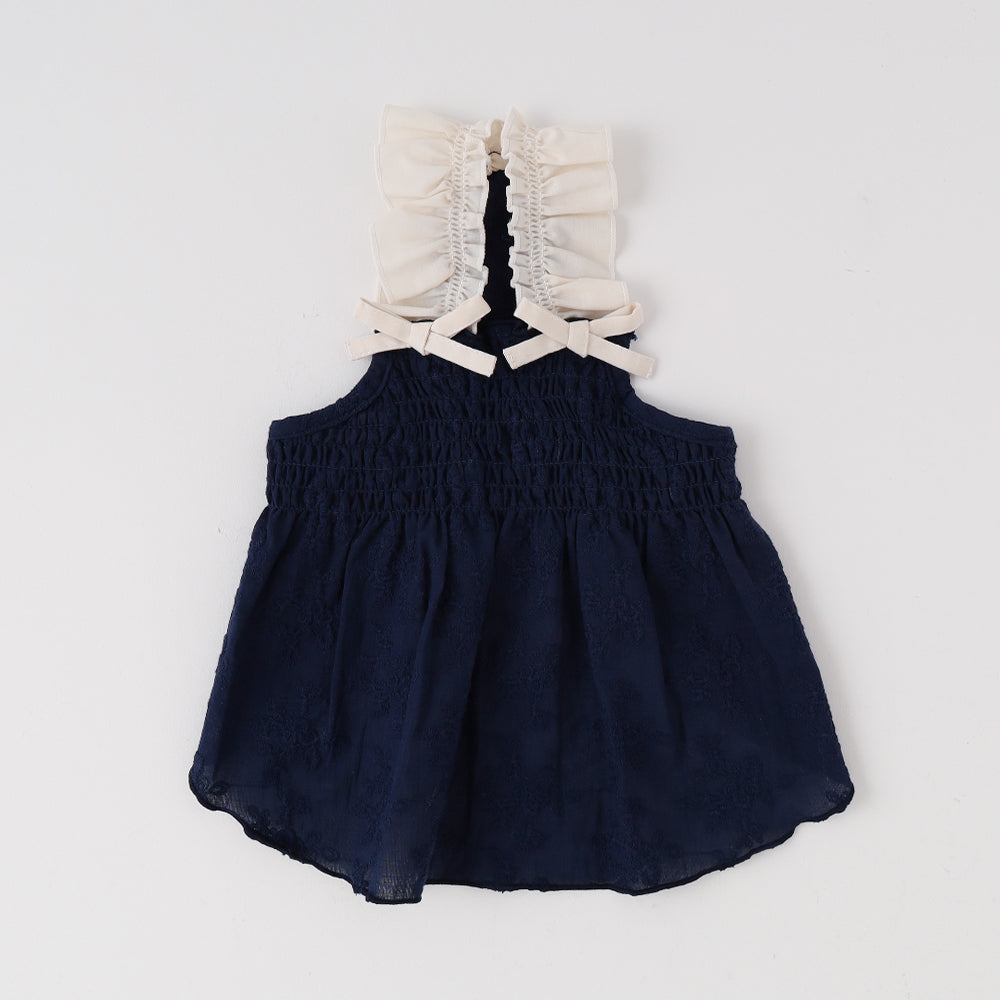 Cool ribbon gathered embroidery dress