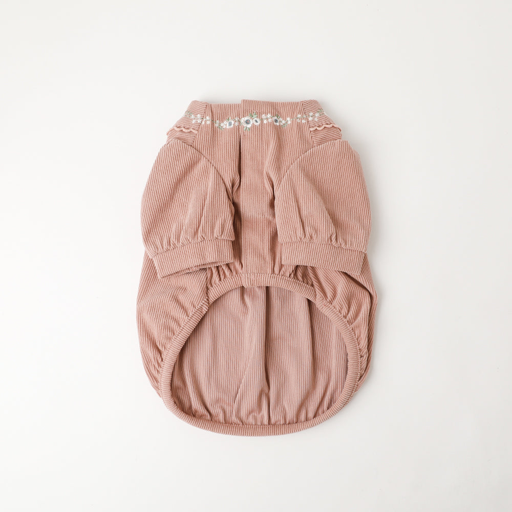 コーデュロイ花柄刺繍ピコレースパフスリーブワンピース