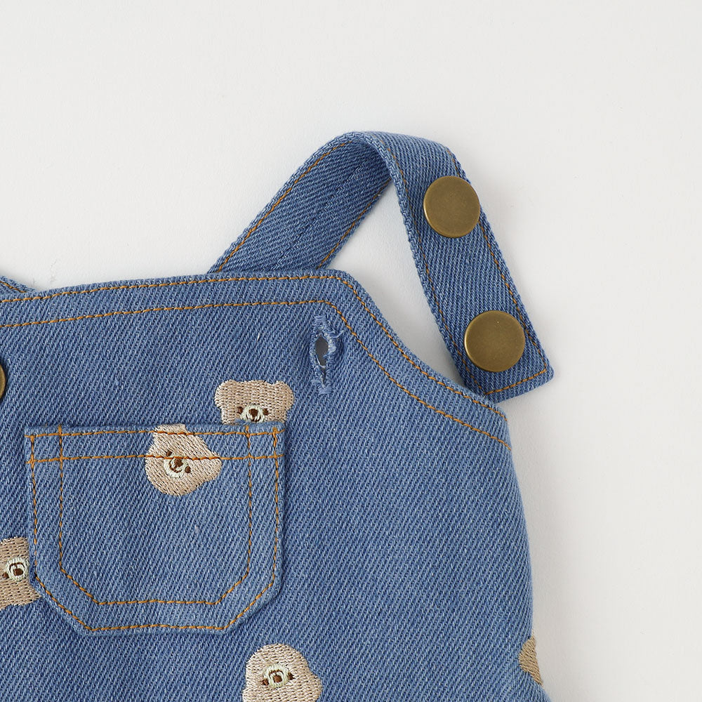 くま刺繍 フリル襟 デニムワンピース ☆くまさんのお気に入り☆フリルデニムワンピース☆くま柄☆大15.5-1枚