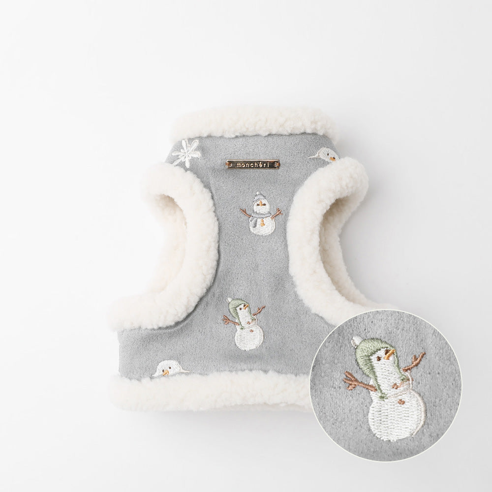 雪だるま柄刺繍ボアハーネス+リードSET【名入れ刺繍対応】