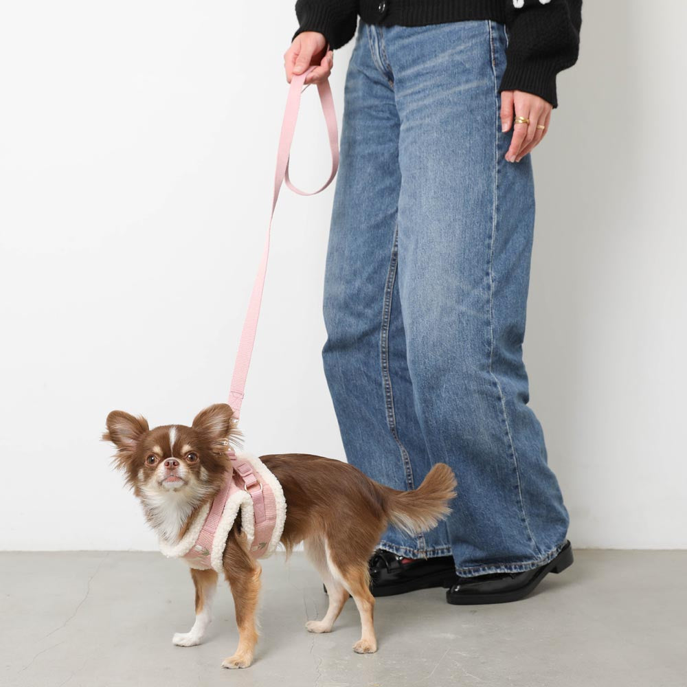 louisdog ピンク文字柄チュールハーネス　リード付き　Ｌサイズ ボアチューリップ刺繍ハーネス+リードSET【名入れ刺繍対応】