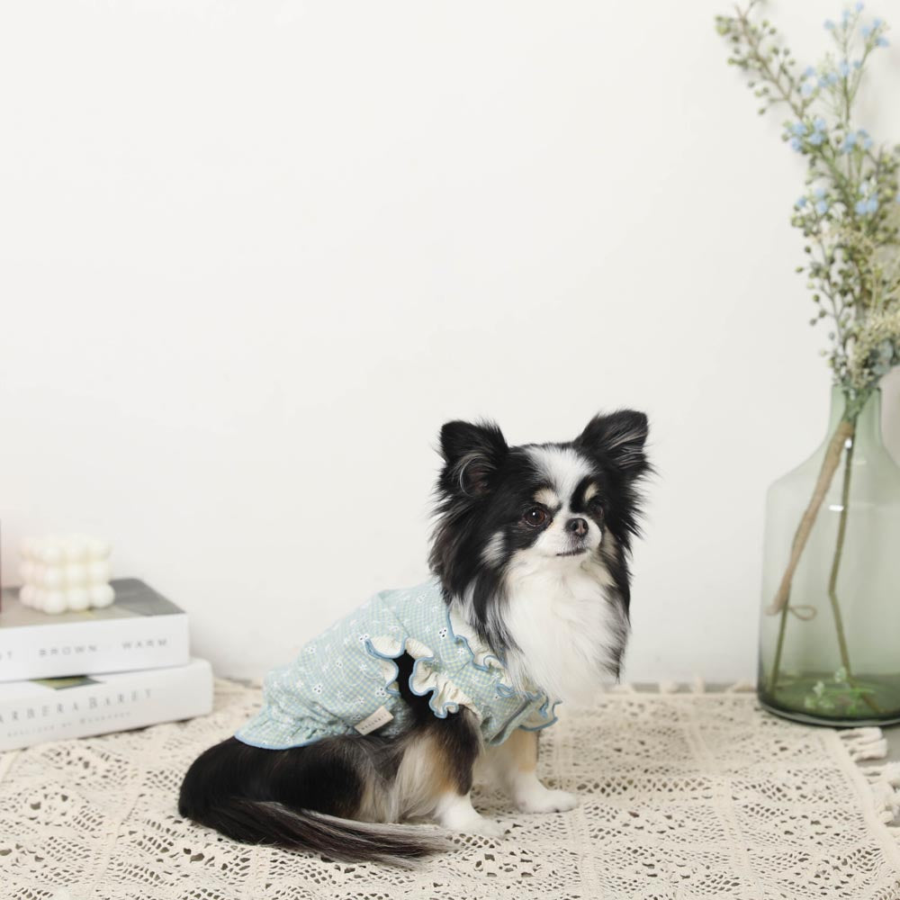 Cool ruffle high neck check embroidery tops