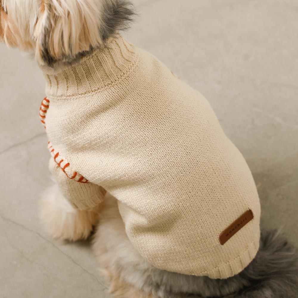 G.G. 犬服 クリーム色 リブ編み かがり編みハイネックニットトップス