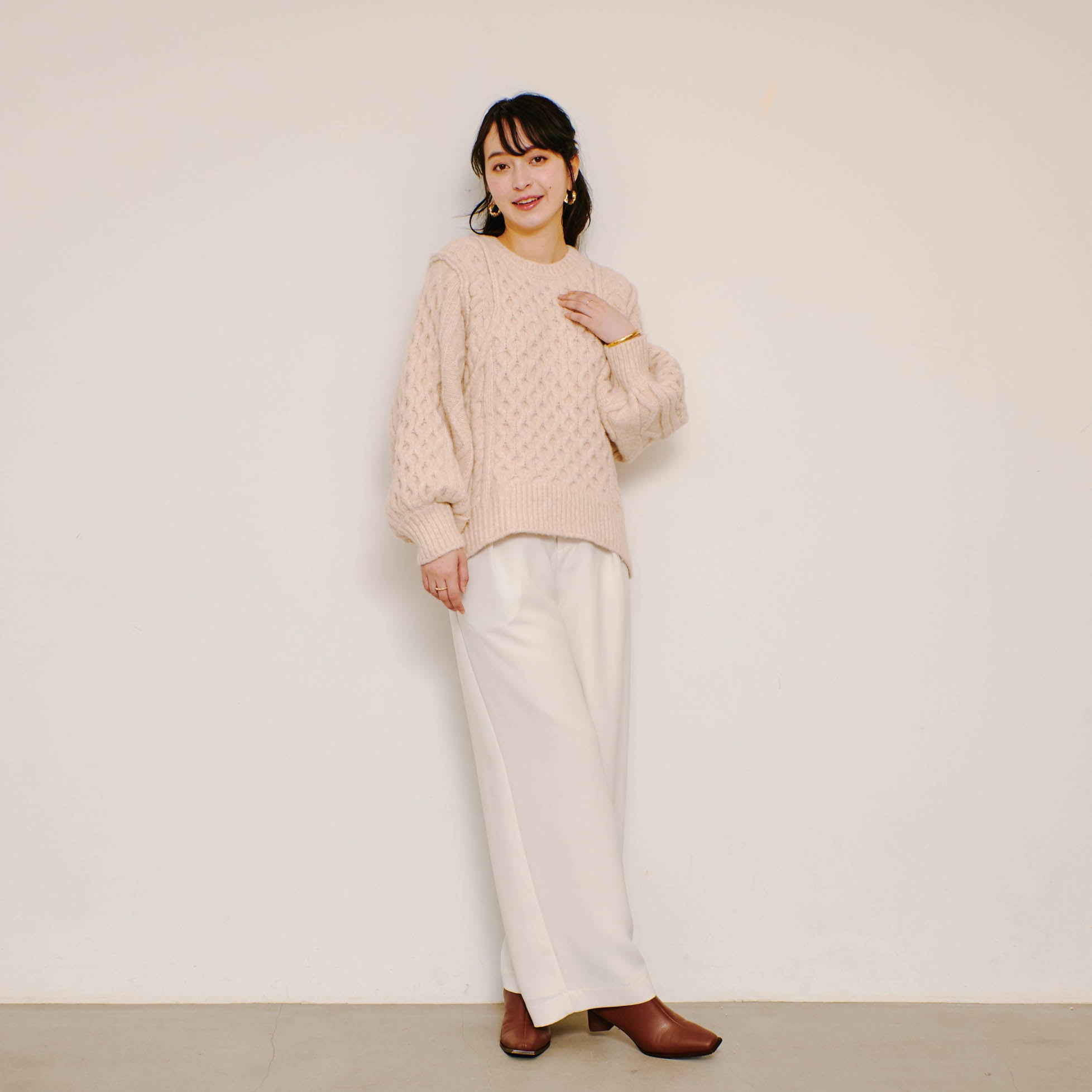 [Link Coordination SET] Cable drop shoulder knit