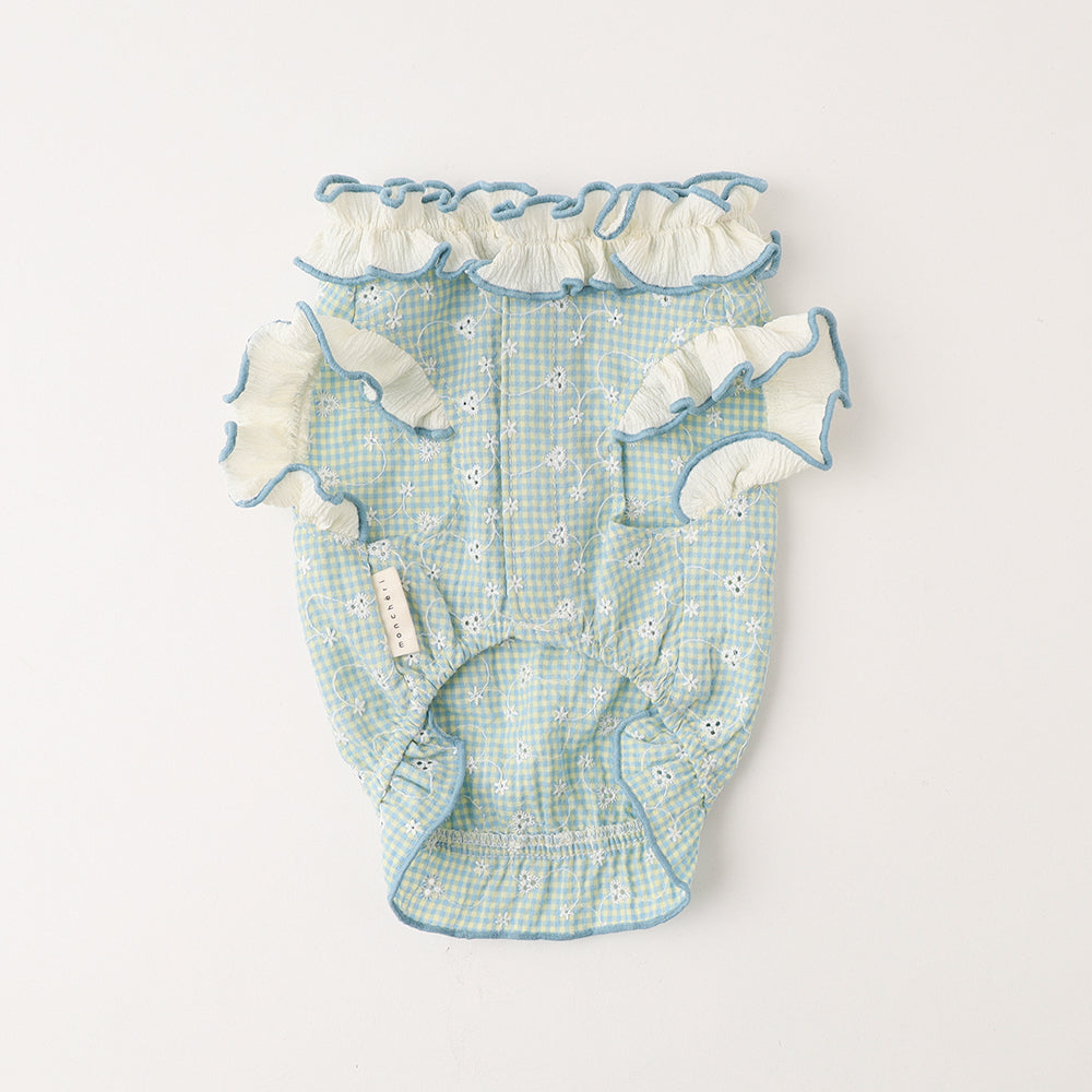 Cool ruffle high neck check embroidery tops