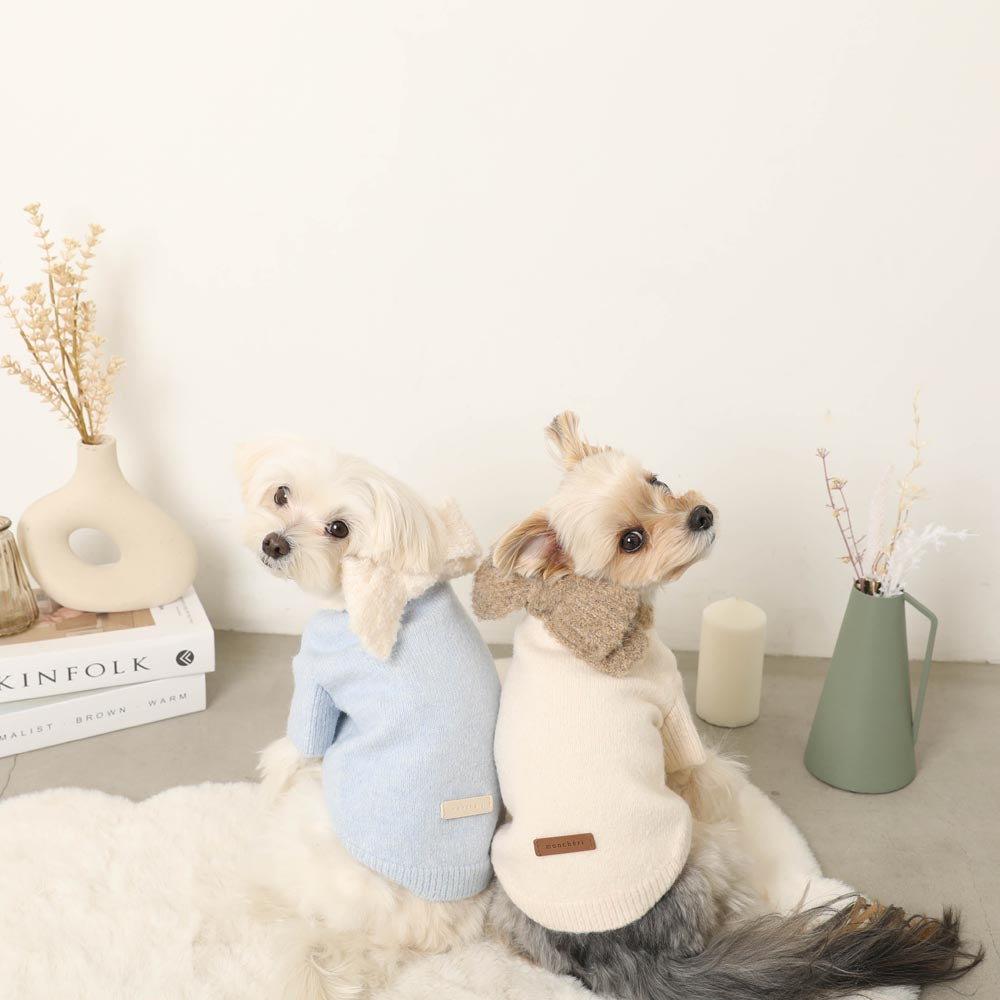 YangErdaMeng 立体 テディ子犬 マフラー リボン シャギー ベージュ リボンマフラー付きニットトップス