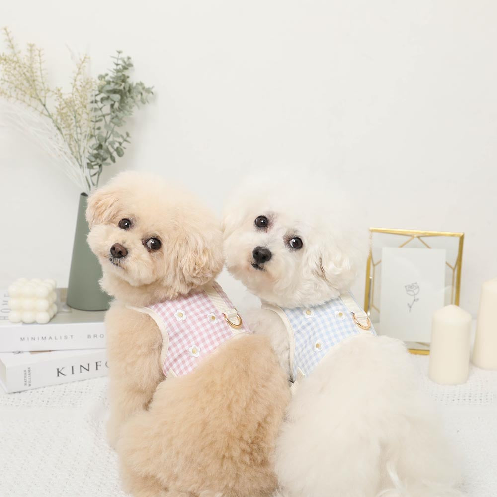 Cool check floral pattern mesh harness + lead set [Compatible with name embroidery] [Compatible with ice packs]