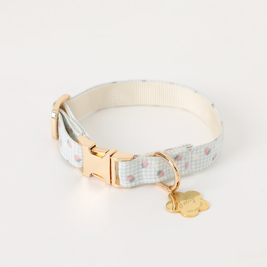 ギンガムチェックいちごフラワーチャームカラー+リードSET【名入れ彫刻対応】