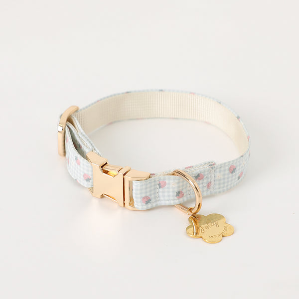 ギンガムチェックいちごフラワーチャームカラー+リードSET【名入れ彫刻対応】