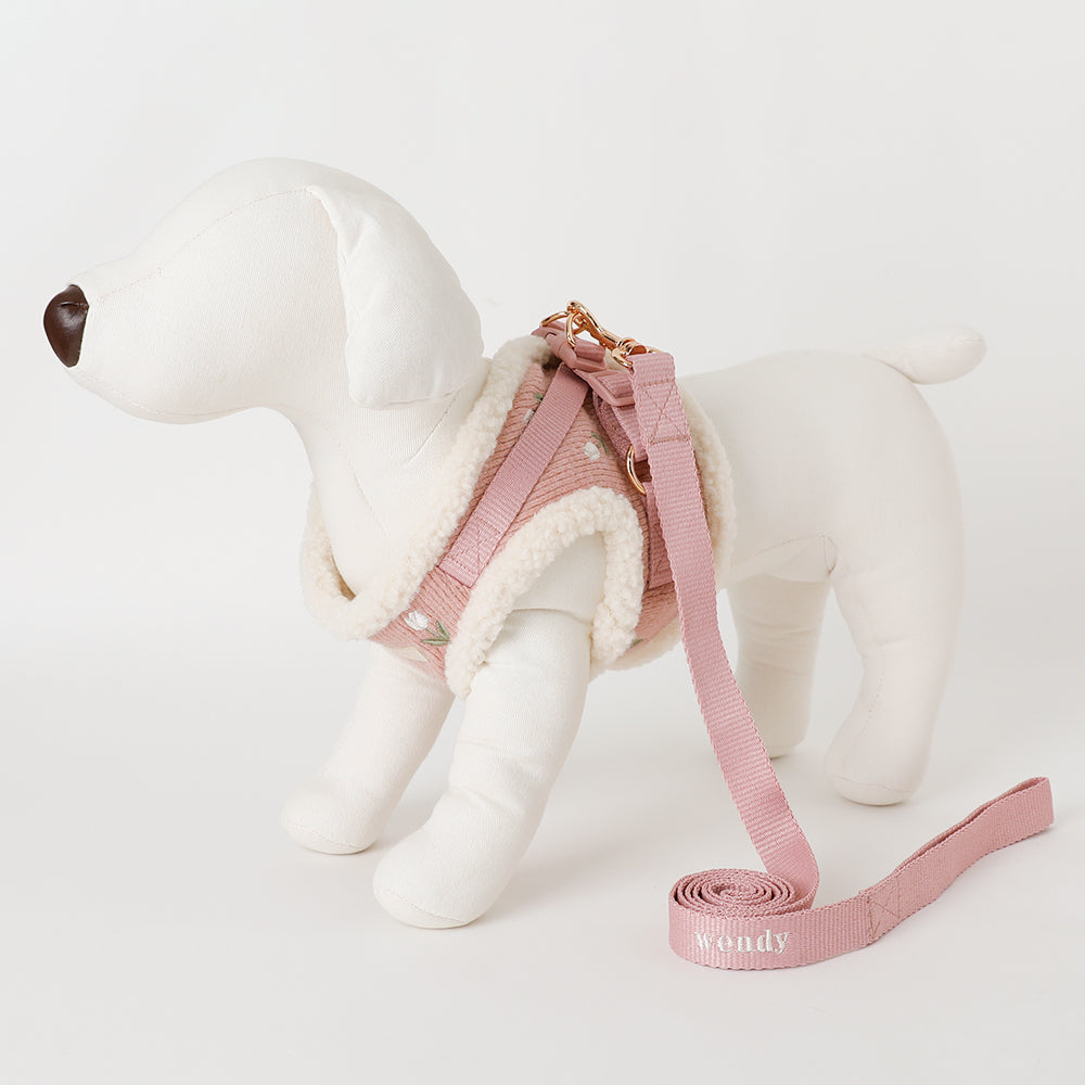 louisdog ピンク文字柄チュールハーネス　リード付き　Ｌサイズ ボアチューリップ刺繍ハーネス+リードSET【名入れ刺繍対応】