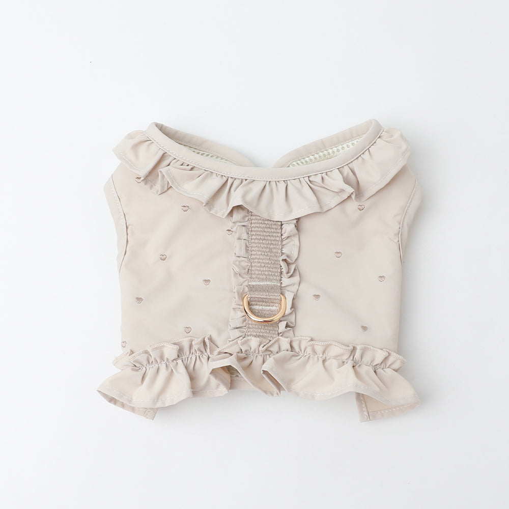 冷感ハート刺繍フリルハーネス+リードSET【名入れ刺繍対応】【保冷剤対応】