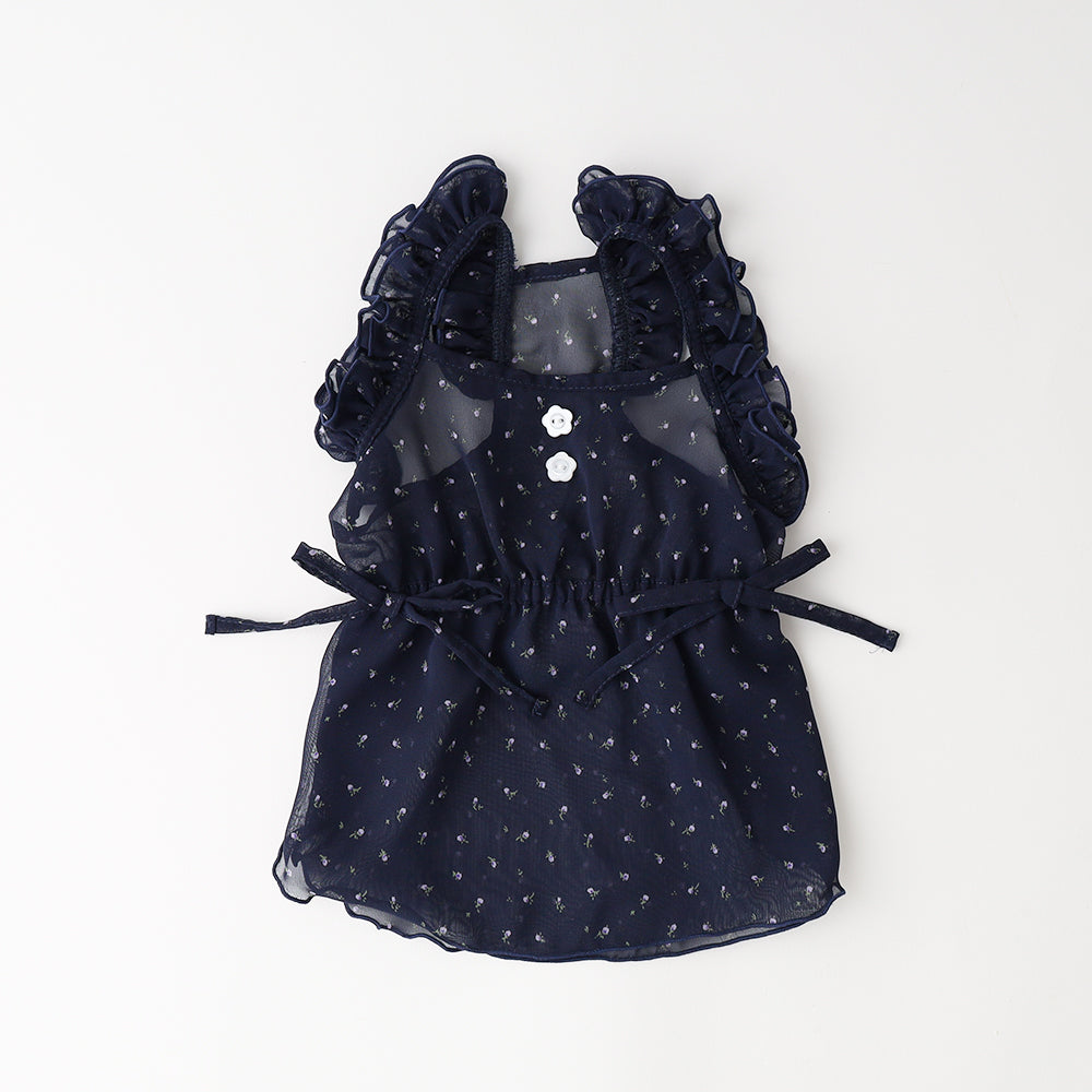 Cool small floral side ribbon chiffon dress