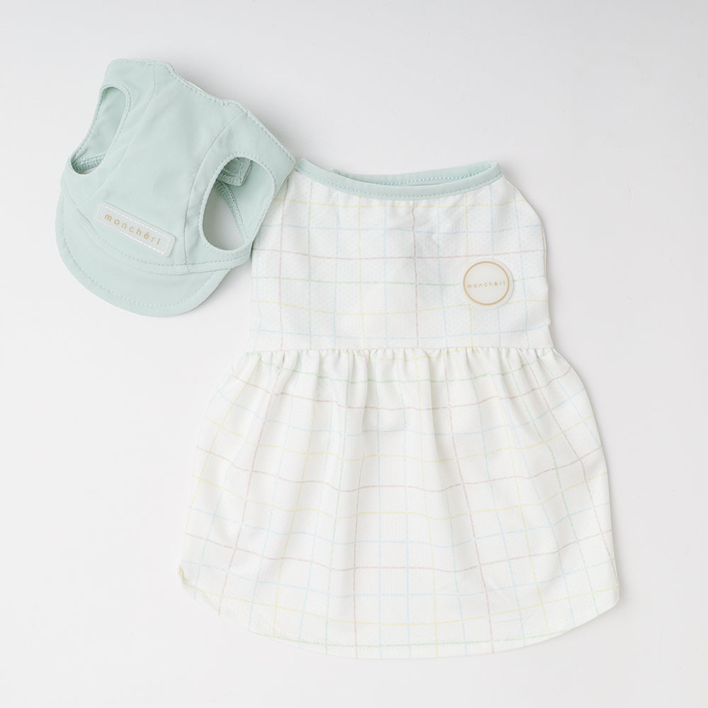 Cold feeling insect repellent mesh check sleeveless dress + cap SET