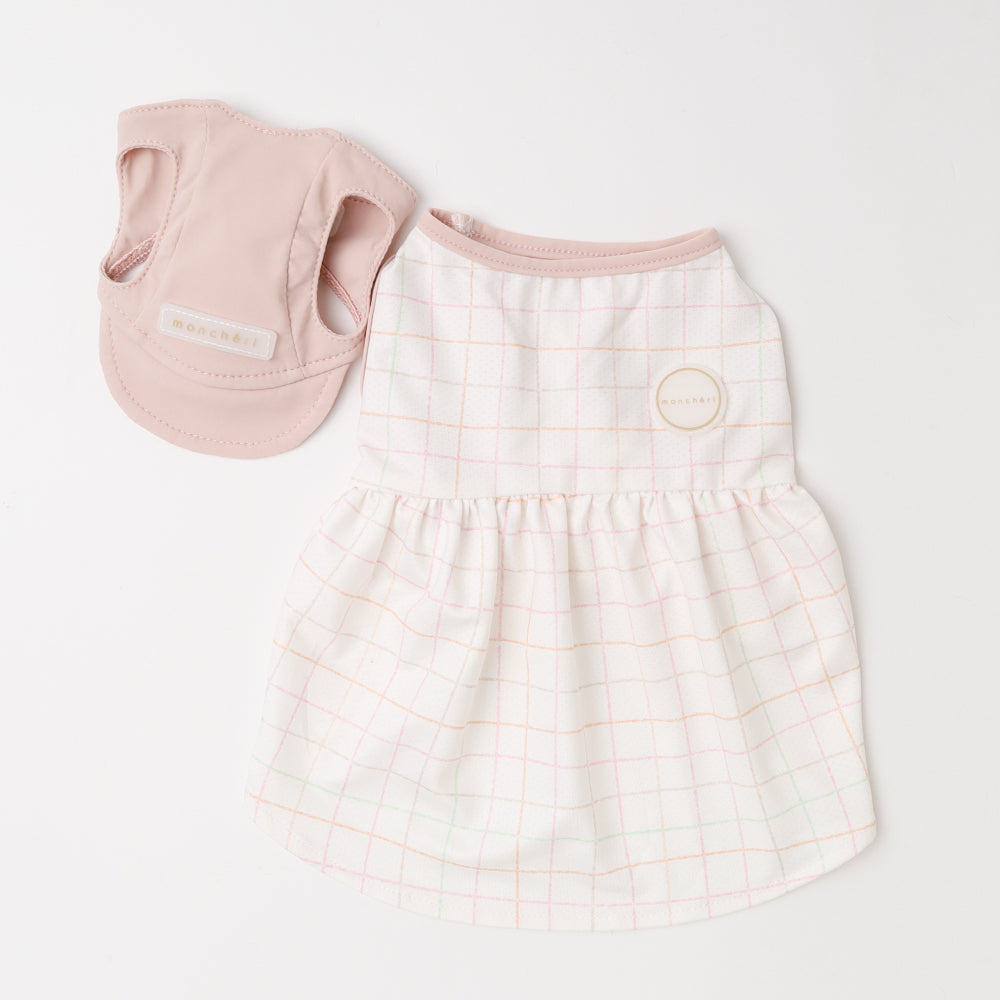 冷感防虫メッシュチェックノースリーブワンピース+キャップSET