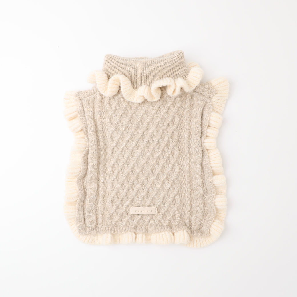 Bicolor frilled cable knit poncho