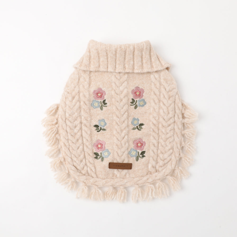 フラワー刺繍ケーブルニットポンチョ