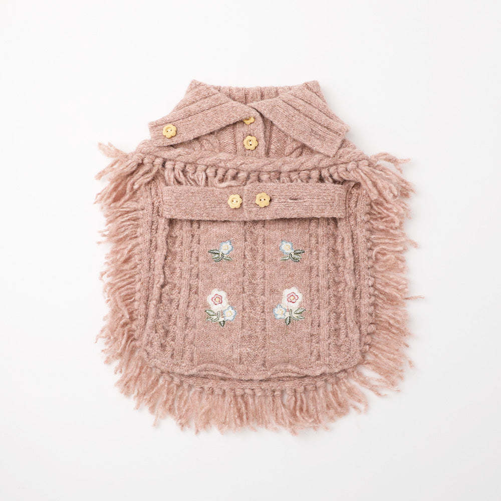 Flower embroidery cable knit poncho