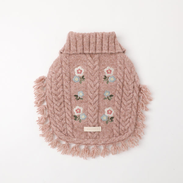 フラワー刺繍ケーブルニットポンチョ