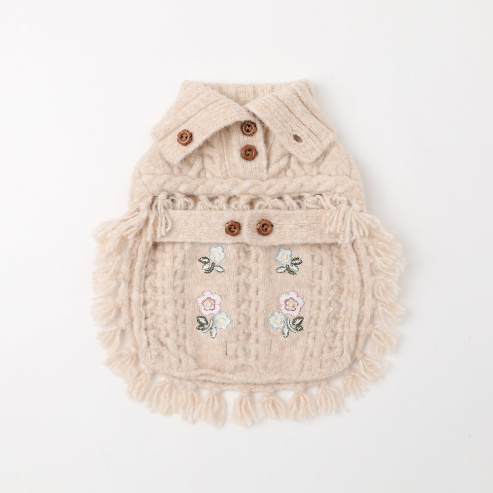 フラワー刺繍ケーブルニットポンチョ