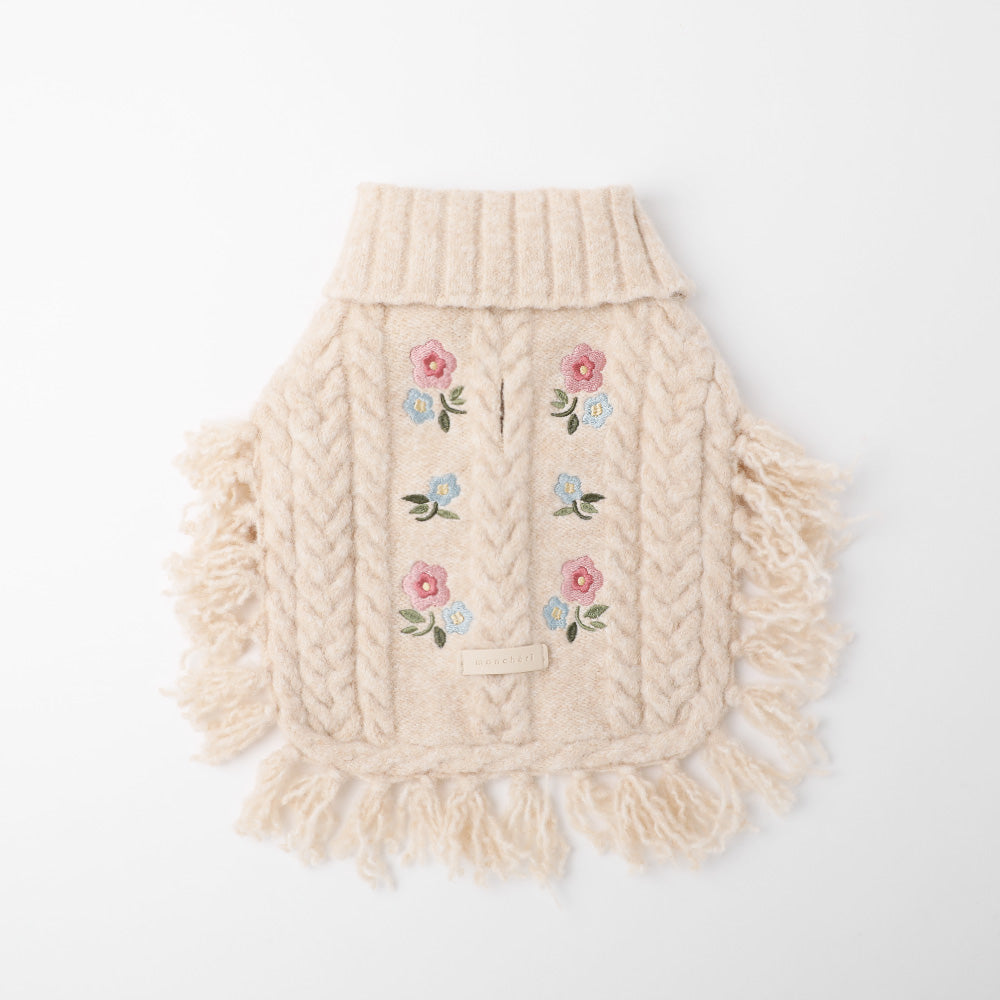 Flower embroidery cable knit poncho