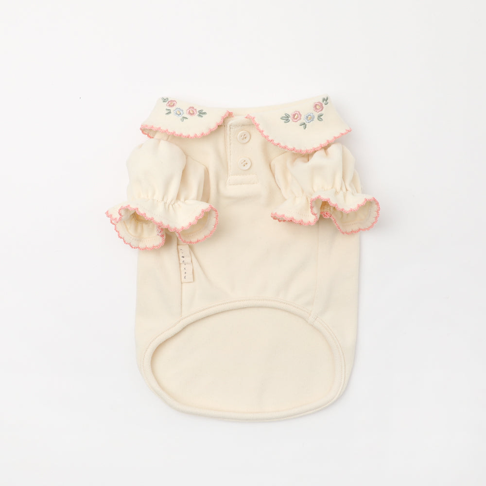 フラワー刺繍カラーパフスリーブトップス