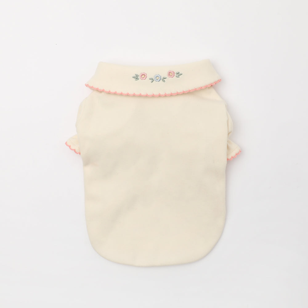 フラワー刺繍カラーパフスリーブトップス