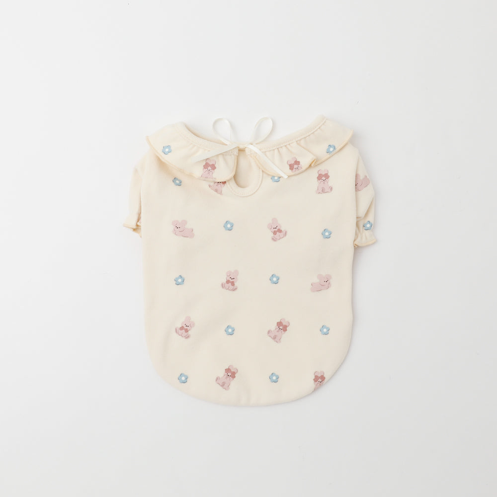 保温うさぎさん柄フリルリボンパフスリーブトップス