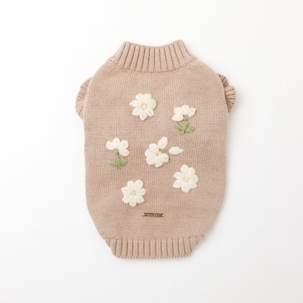 花柄刺繍ショルダーフリルニットトップス