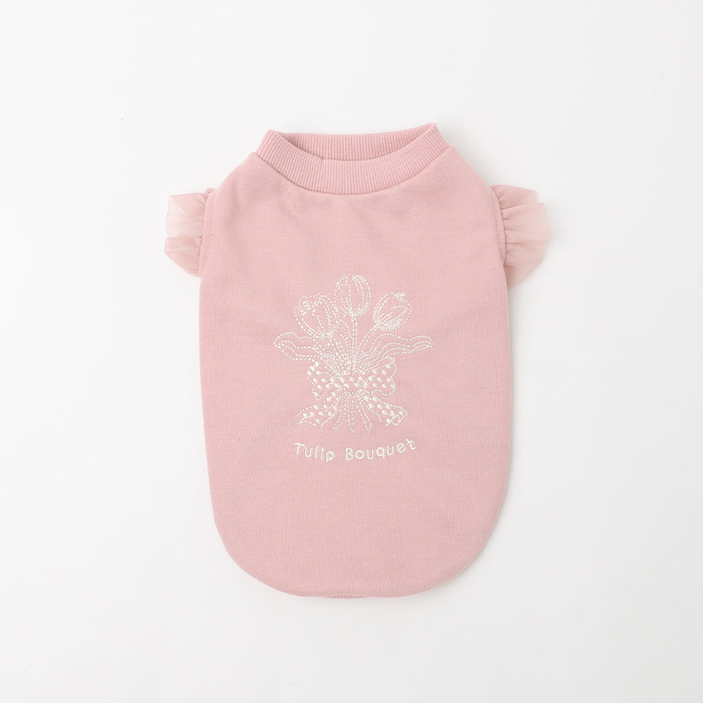 ショルダーチュールフリルチューリップ刺繍トップス