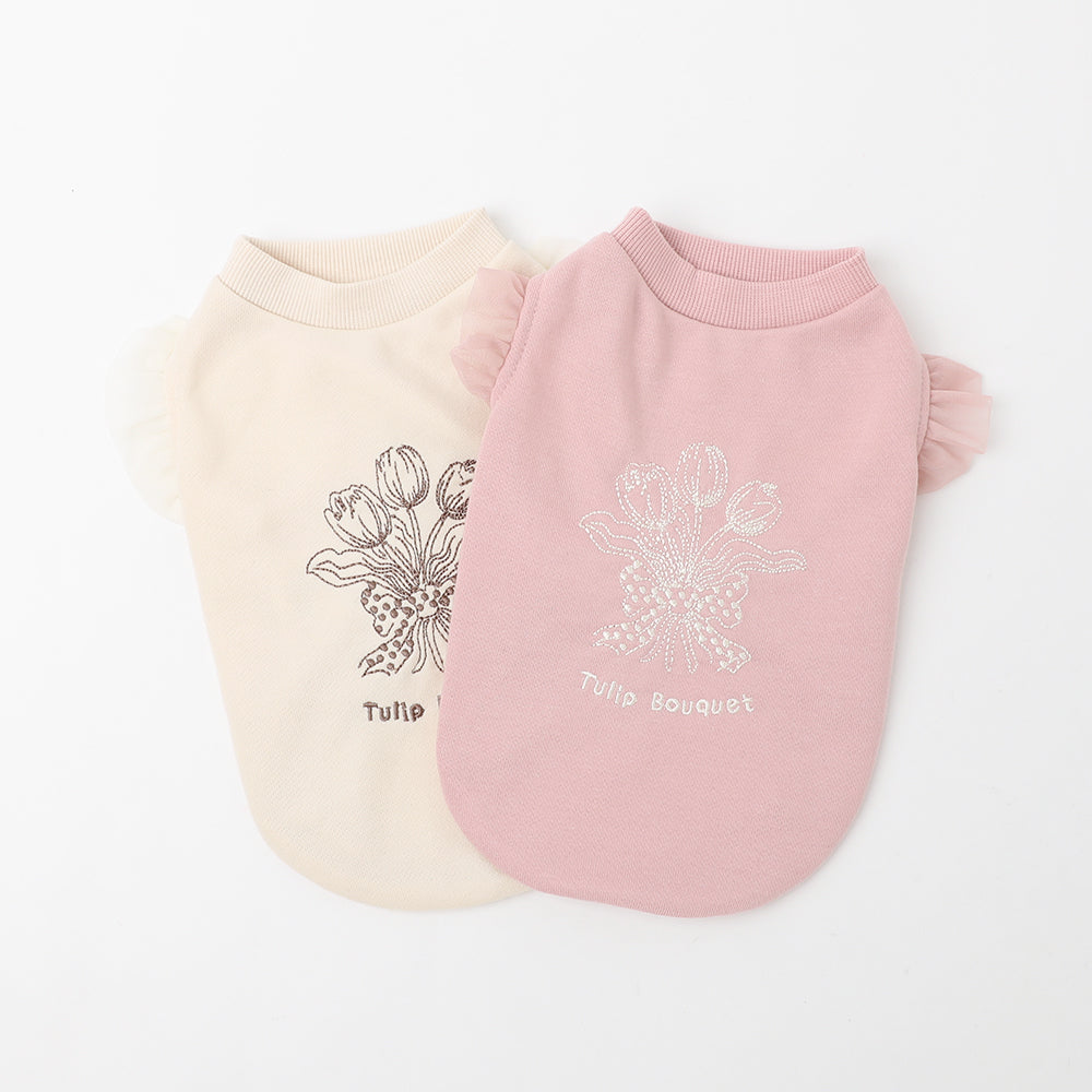 ショルダーチュールフリルチューリップ刺繍トップス