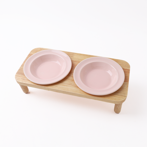 Natural Wood Double Food Bowl