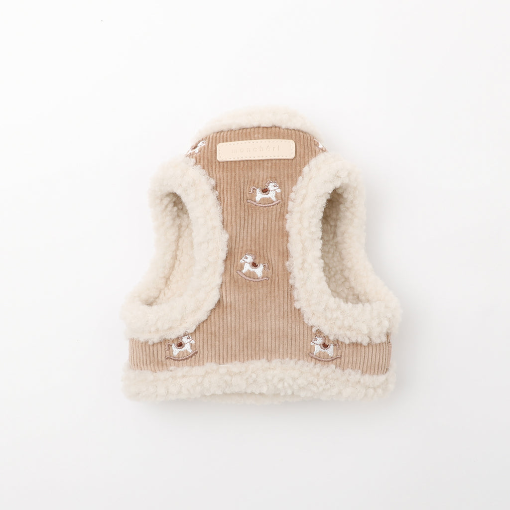 Corduroy boa harness + lead set with rocking horse embroidery [Compatible with name embroidery]