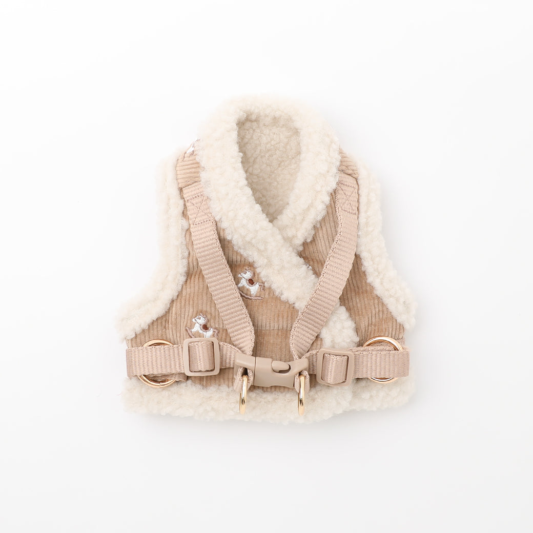 木馬刺繍入りコーデュロイボアハーネス+リードSET【名入れ刺繍対応】