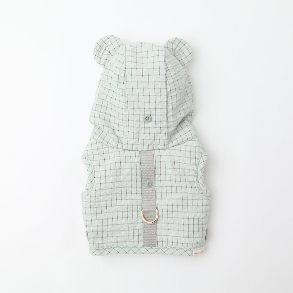 Checkered harness with cooling bear ears hood + lead set [Compatible with name embroidery] [Compatible with ice packs]
