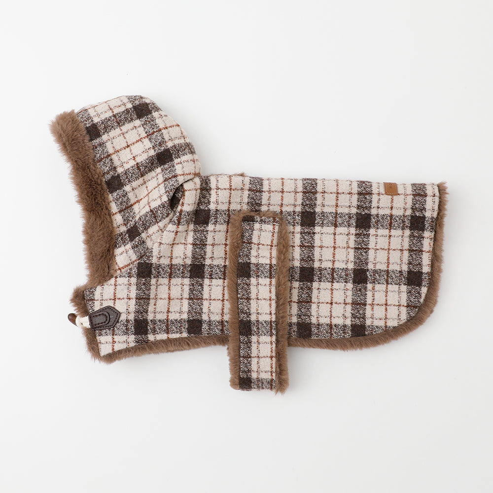 Fur combination check pattern wool-like cape