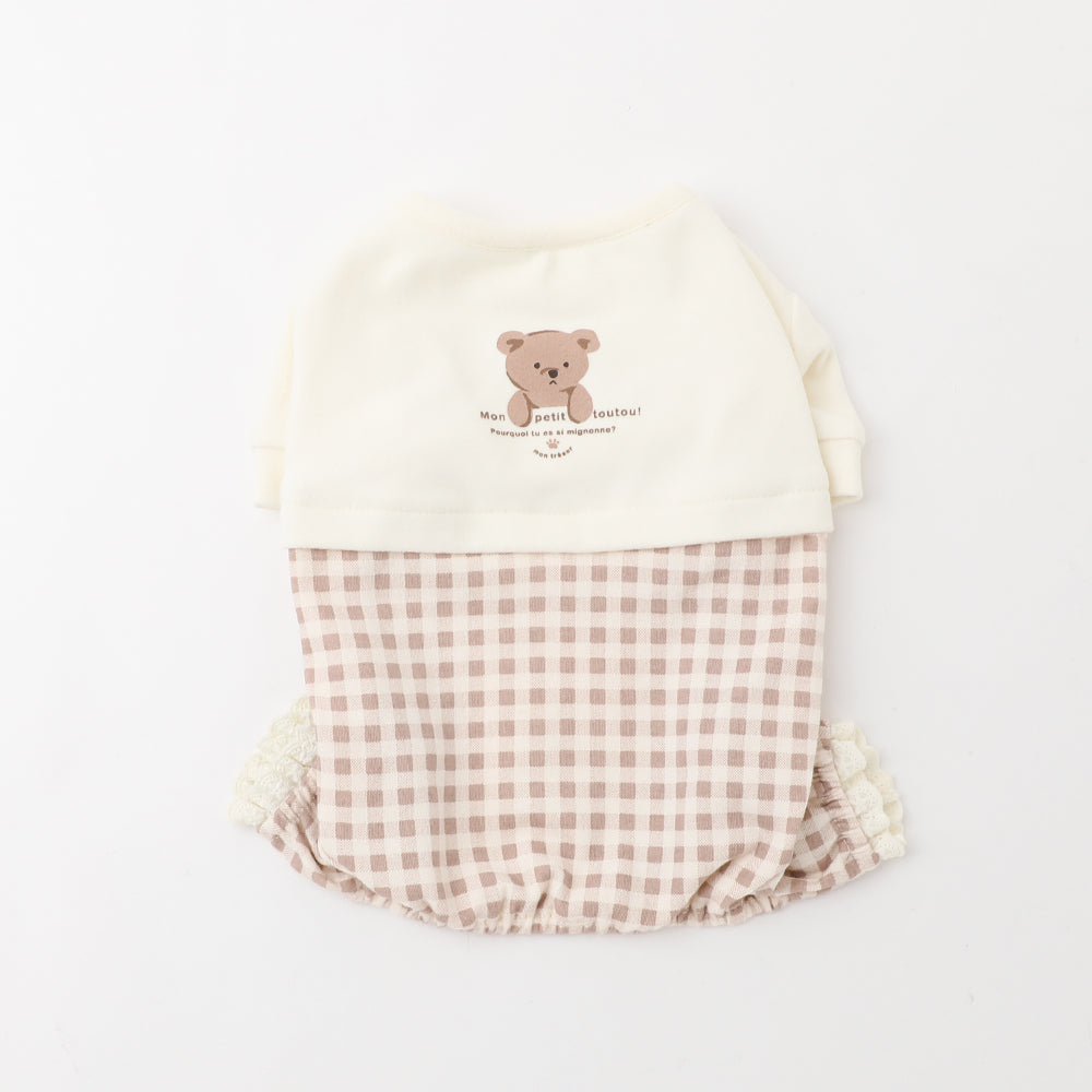 くまさんトップスチェックボトムロンパース