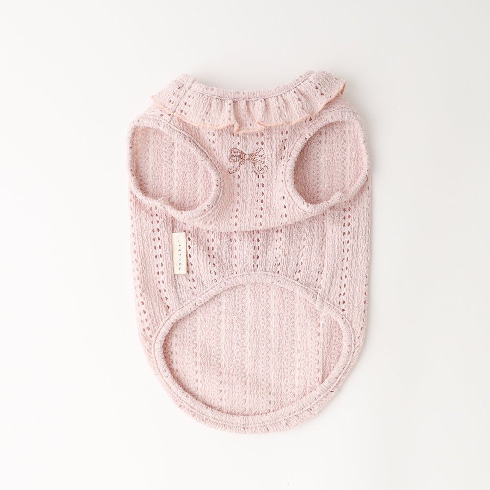 冷感リボン刺繍ワンポイントフリルノースリーブトップス