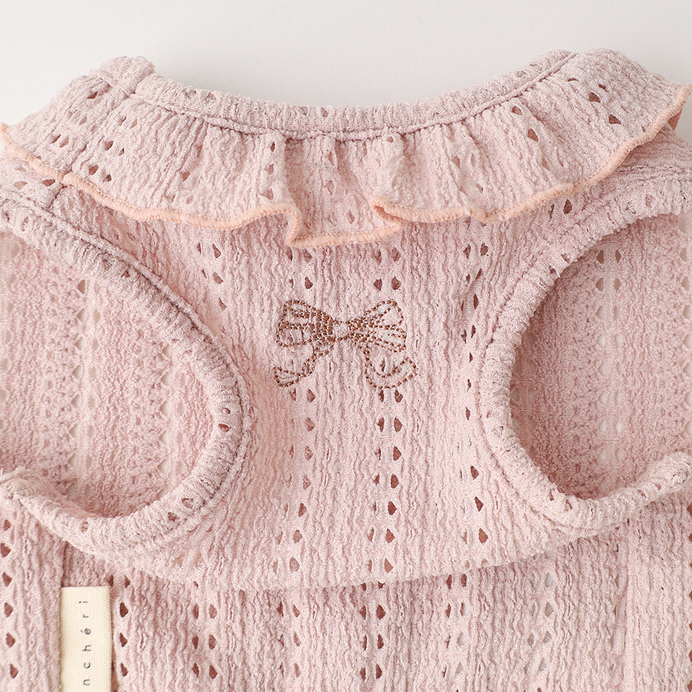冷感リボン刺繍ワンポイントフリルノースリーブトップス