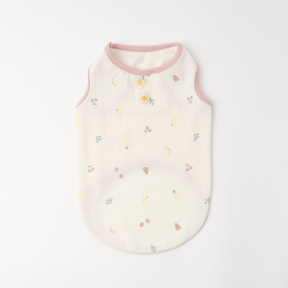 冷感フルーツ柄プリントノースリーブボタン付きトップス