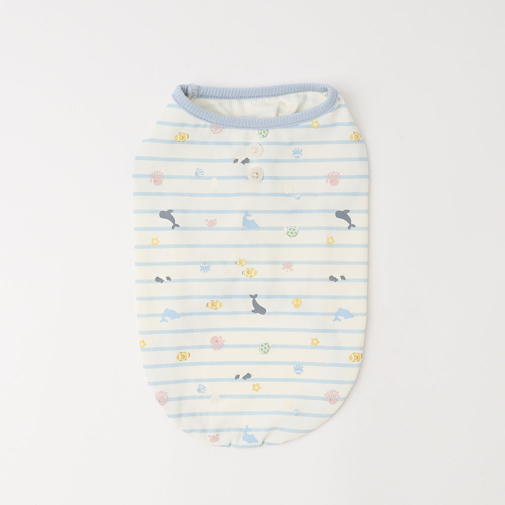 冷感マリンプリントノースリーブボタン付きトップス