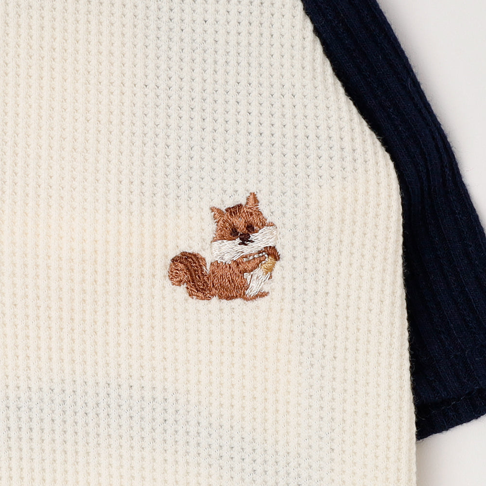 リス柄刺繍バイカラーラグランTシャツ